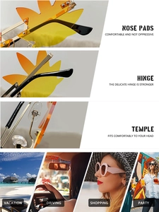 Detail view of leaf shaped gradient sunglasses featuring reinforced hinges and nose pads