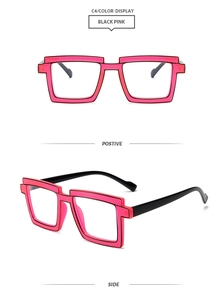 Detailed front and side views of 2D cartoon style glasses in black and pink frames