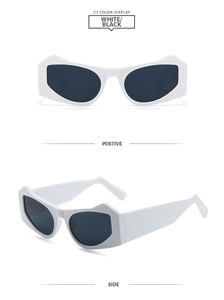 Detailed views of avant-garde irregular ox-head sunglasses with thick white frames