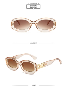 Détail de lunettes de soleil ovales champagne avec verres dégradés et chaîne dorée