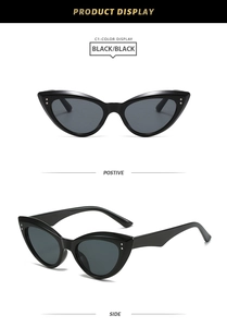 Vues détaillées de lunettes de soleil œil-de-chat noires avec rivets argentés et cadre brillant