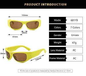 Detailed size chart for Y2K sports sunglasses showing frame width and lens dimensions