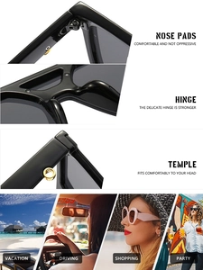 Detail view of square sunglasses with metal hinges and vibrant lifestyle scenes