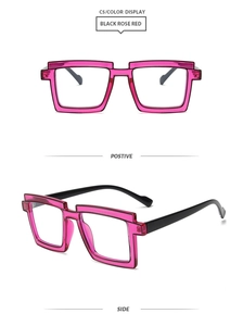 Detailed view of bicolor TR frames in neon rose red and black with blue light filter