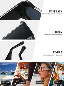 Detail view of bold black sunglasses showing reinforced hinges and cozy nose pads