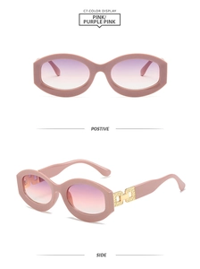Détail des lunettes de soleil ovales roses avec branches à chaîne dorée sous deux angles