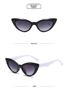 Vues détaillées de face et de côté de lunettes de soleil œil-de-chat à monture noire