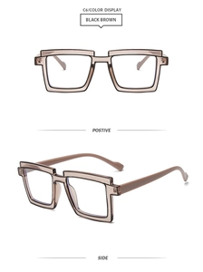 Detail view of square TR blue light glasses in translucent black brown C6 frame