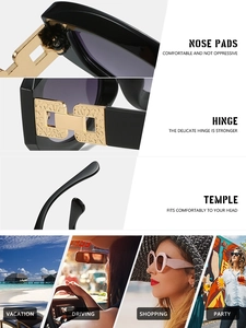 Détails de lunettes de soleil carrées avec accents métalliques et plaquettes