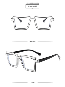 Macro detail of 2D comic style black and white TR glasses frame showing side and front view