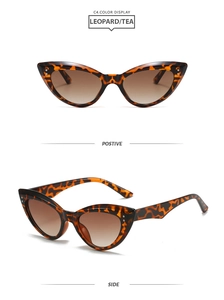 Vue détaillée des lunettes de soleil œil-de-chat avec monture léopard et verres dégradés