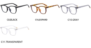 Détail de montures de lunettes carrées en noir, léopard, gris et couleurs transparentes