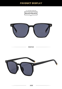 Vues de face et de profil des lunettes de soleil polarisées carrées noires avec rivets