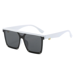 Fashion oversized square flat top sunglasses with white and black frame and gold accents