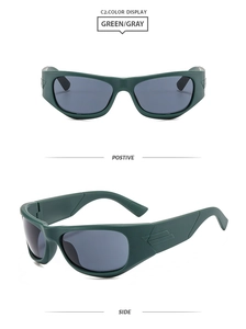 Detail view of green wraparound sunglasses with geometric textured temples and gray lenses