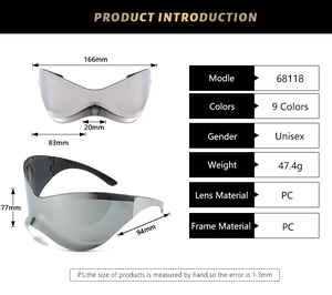 Dimensions techniques et spécifications pour lunettes de soleil futuristes Y2K géantes