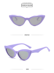 Vue de face et de profil de lunettes de soleil œil-de-chat violettes à verres argent