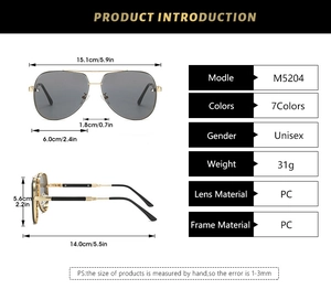 Detailed size chart for square aviator sunglasses showing frame width and lens height