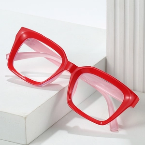 Fashionable square red frame blue light blocking glasses with pink semi-transparent temples