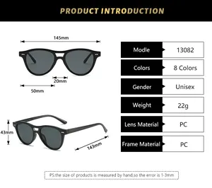 Detailed size chart for vintage pilot sunglasses showing frame dimensions and PC material specifications