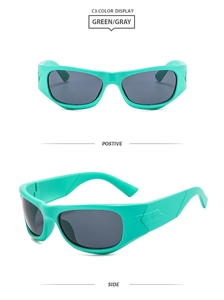 Detail showing mint green sports sunglasses with gray lenses and geometric side arms