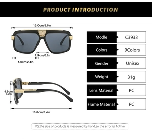 Detailed size specifications for square frame retro sunglasses with black and gold finish