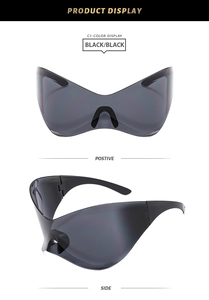 Vue avant et latérale de lunettes de soleil sport Y2K noires avec verres panoramiques