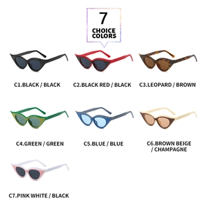 Sept lunettes de soleil œil-de-chat rétro en plusieurs couleurs sur fond blanc épuré