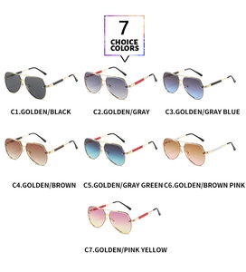 Detailed grid of aviator sunglasses in seven colors with golden frames and gradient lenses