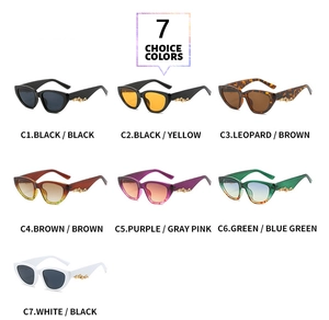 Cat eye sunglasses detail showing seven color options with gold embossed temples