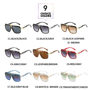 Nine stylish square frame sunglasses in various colors with golden V metal detailing