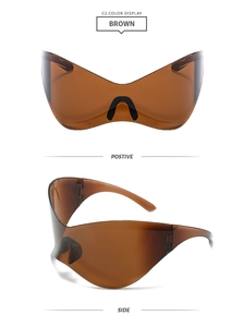 Vues de face et de profil des lunettes de soleil de sport futuristes Y2K marron surdimensionnées