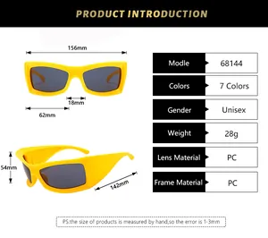 Detailed size guide and specifications for square oversized PC frame sunglasses