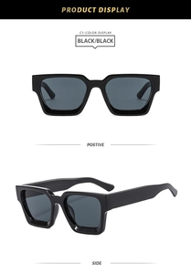 Detailansicht der markanten schwarzen quadratischen Sonnenbrille im Retro-Mode-Design