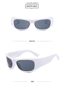 Detail of white wrap-around sunglasses with gray lenses and geometric triangle temples