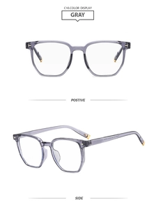 Monture de lunettes carrée gris transparent avec embouts dorés vue de face et de profil