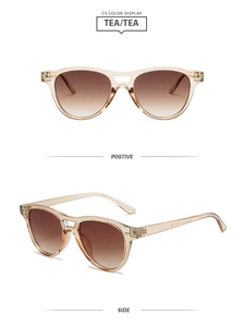 Detailed views of double bridge tea gradient sunglasses in transparent tea frames