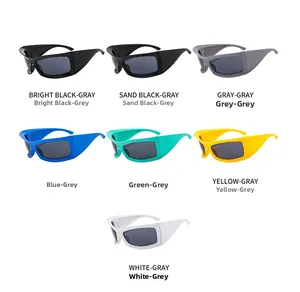 Detailed grid showing seven colorful oversized square sunglasses with grey lenses