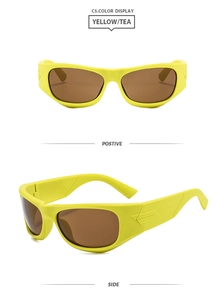 Detailed views showing bright yellow frames and tea lenses of Y2K sporty sunglasses