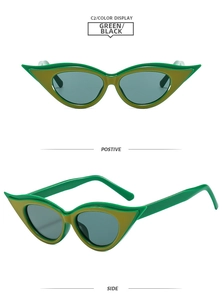 Vue de face et de profil des lunettes de soleil œil de chat avec monture vert vif
