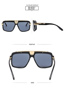 Detailed views of black square vintage sunglasses with gold metal hollow decorative bridge