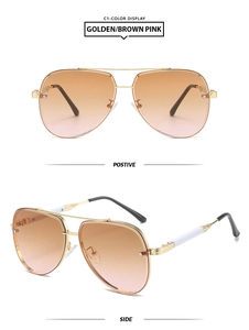 Detail view of gold metal aviator sunglasses with brown pink gradient lenses from two angles