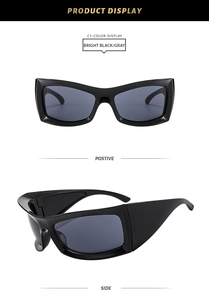 Front and side views of oversized bright black square avant-garde fashion sunglasses