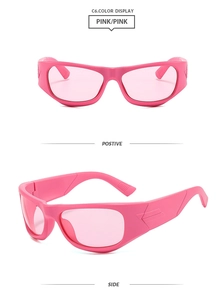 Detailed front and side views of fashionable bright pink Y2K wrap-around sports sunglasses