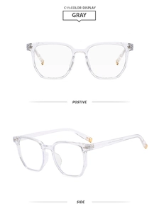 Vues de face et de côté de lunettes carrées gris transparent avec détails en métal doré