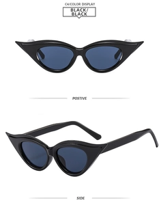 Détail montrant le profil avant et latéral des lunettes de soleil tendance œil-de-chat noires