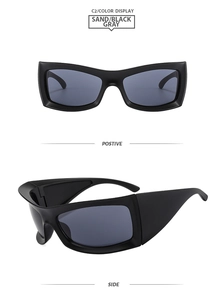 Front and side view of oversized square black sunglasses with dark gray lenses