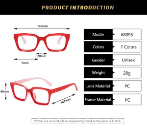 Detailed size chart and technical specifications for square frame blue light blocking glasses