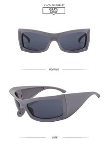Detailed front and side views of gray oversized square wrap-around fashion sunglasses