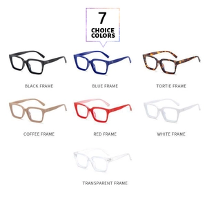Detailed grid view showing seven color options for square anti-blue light glasses frames